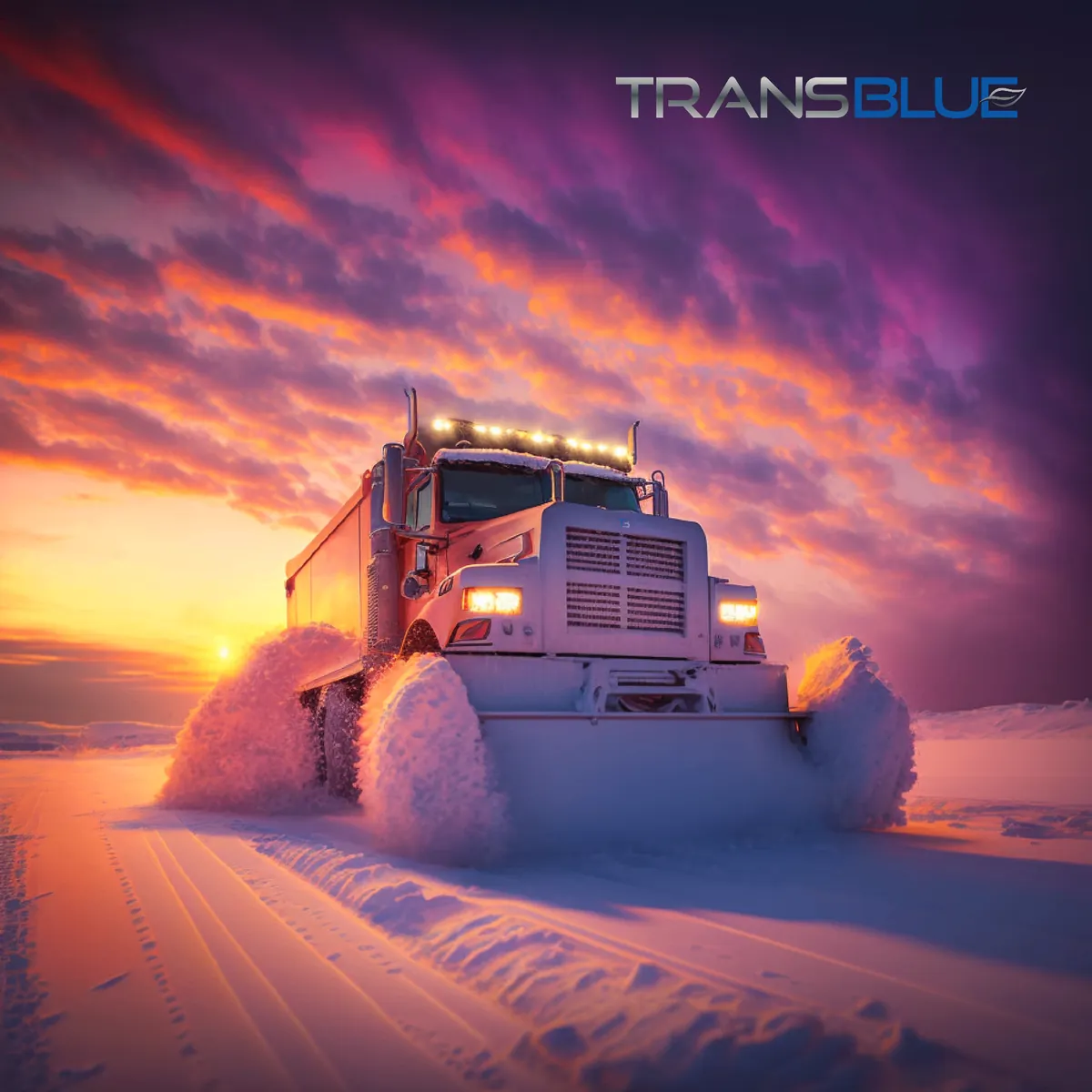 Transblue logo over a plow truck at sunset